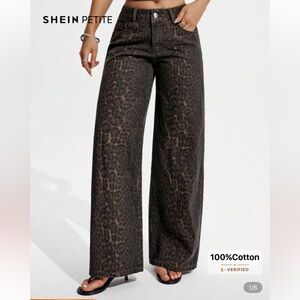 SHEIN Petite Leopard Wide-Leg Jeans